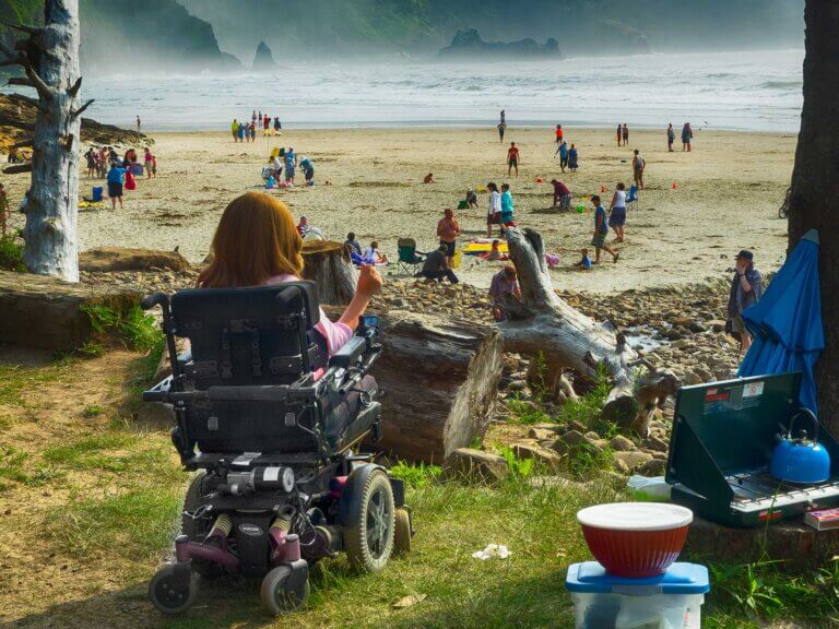 A woman in a wheelchair enjoys views of the ocean from a picnic site.