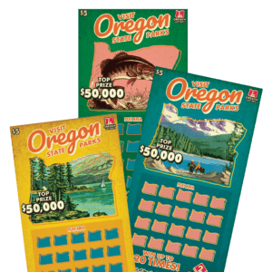 a fan of three Visit Oregon State Parks Scratch-its. The tickets are green, teal, and mustard yellow and have a retro travel poster aesthetic.