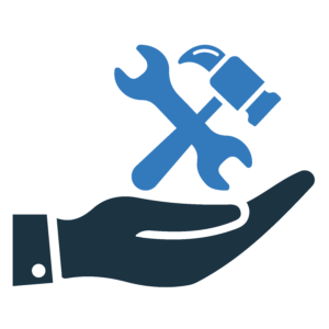 an icon of a navy-black hand held out flat. Hovering above it are bright blue icons of a hammer and a wrench, as though the hand is holding or presenting the viewer with tools.