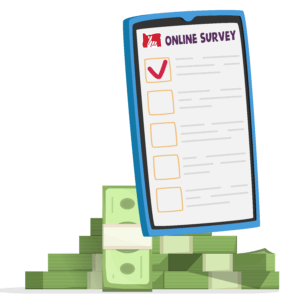 Illustration of stacks of bills. Sitting on top of them is a phone screen displaying several checkboxes under an image of the Oregon Lottery logo and the title "Online Survey"