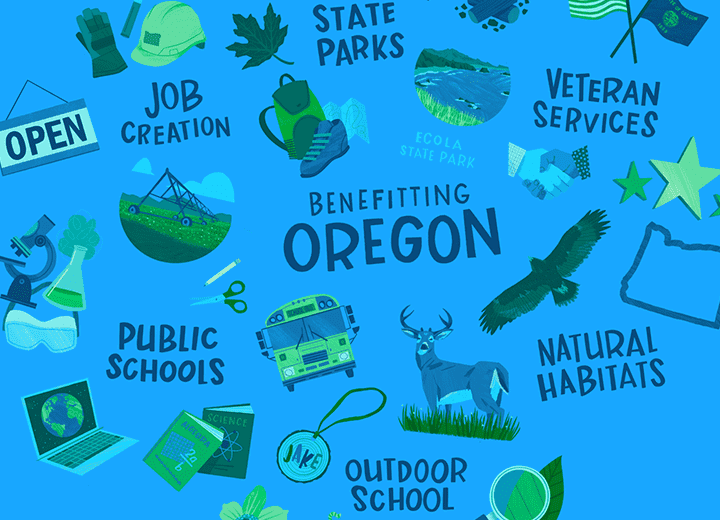 pattern of illustrations showing things benefitting Oregon