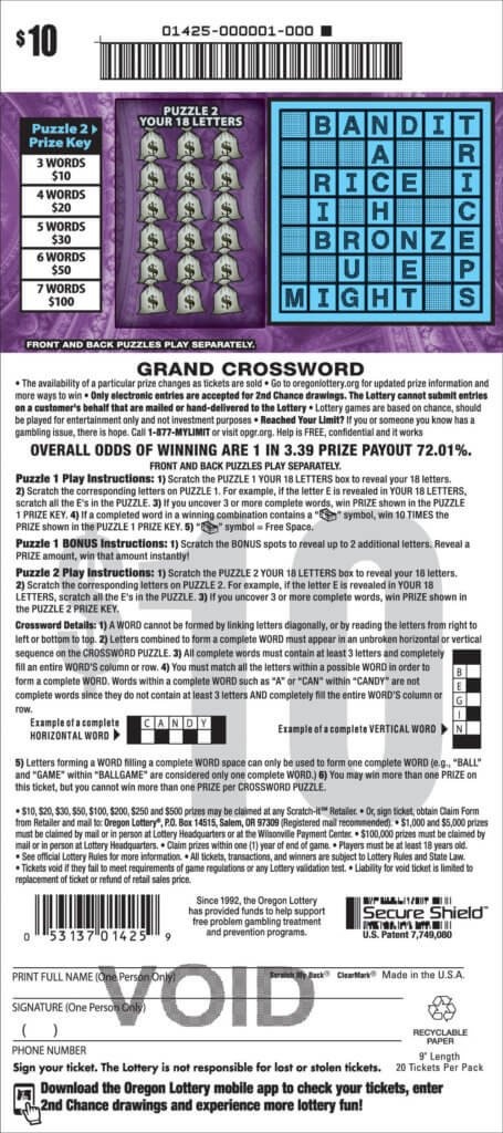 Grand Crossword Lottery Scratch Tickets Oregon Lottery