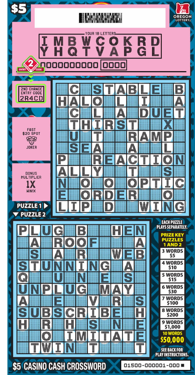 Casino Cash Crossword Lottery Scratch Tickets Oregon Lottery