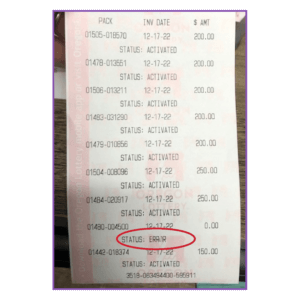 Picture of a ticket receipt with an error highlighted in a red circle