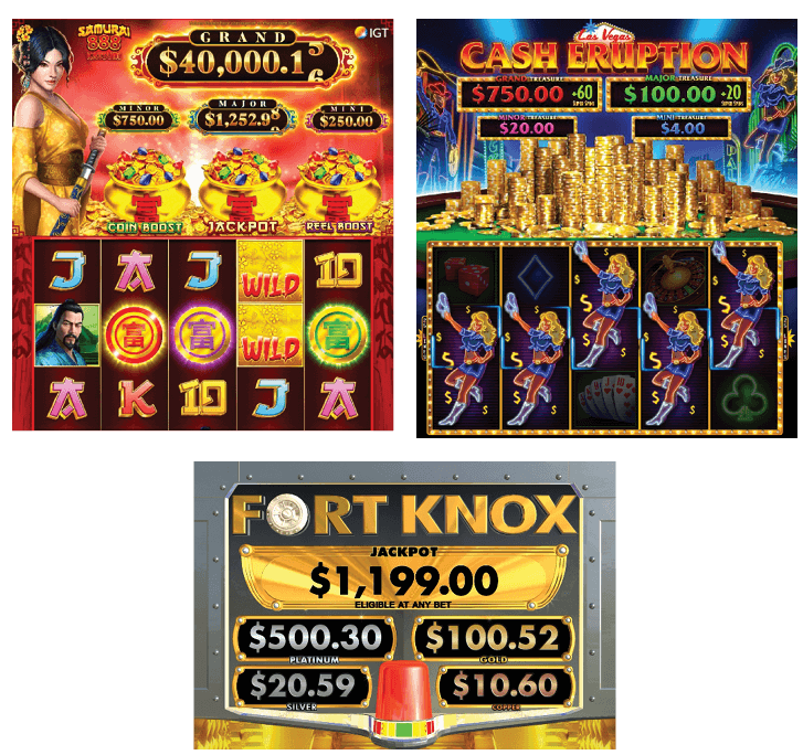 Three screenshots of upcoming video lottery games: Samurai 888 Katsumi, Cash Eruption, and Fort Knox