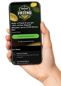 A hand holds a cell phone. The phone is open to the DraftKings app to a page advertising their Refer-A-Friend bonus offer.