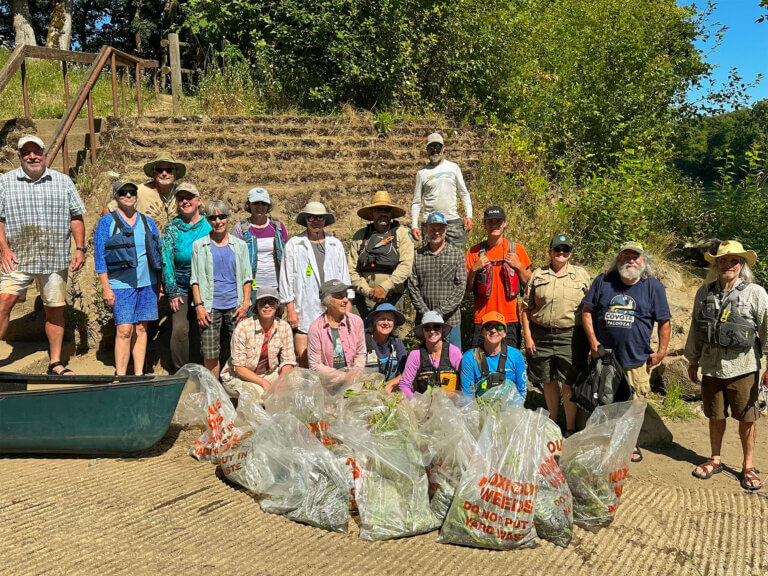 A group of volunteers displays several bags of invasive weeds harvested from the river.