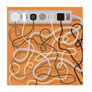 an illustration of a surge protector loaded with an assortment of tangled cords