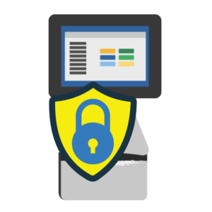 An illustration of a screen overlayed by a badge with a lock, indicating security