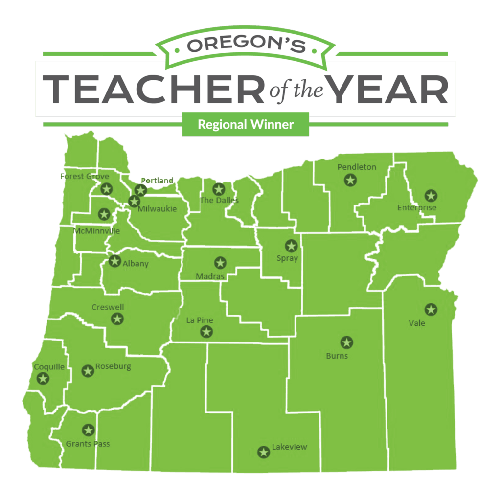 A green map of Oregon is divided by Education Service District with stars indicating the area of the state that boasted a 2024 Teacher of the Year regional winner